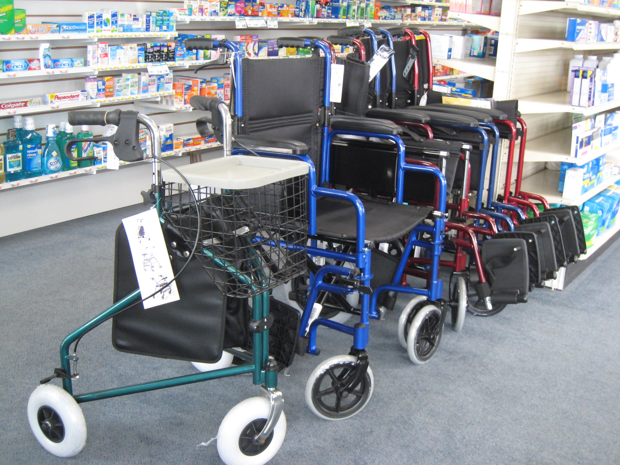 Home health care items including a rollator and wheelchairs